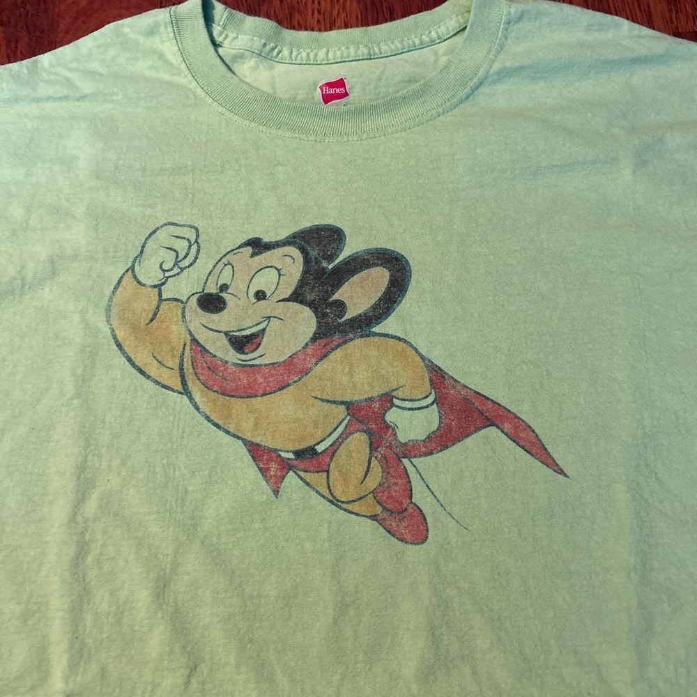 Retro Mighty Mouse Cartoon Graphic Green Tshirt Size Adult XL Superhero Anime